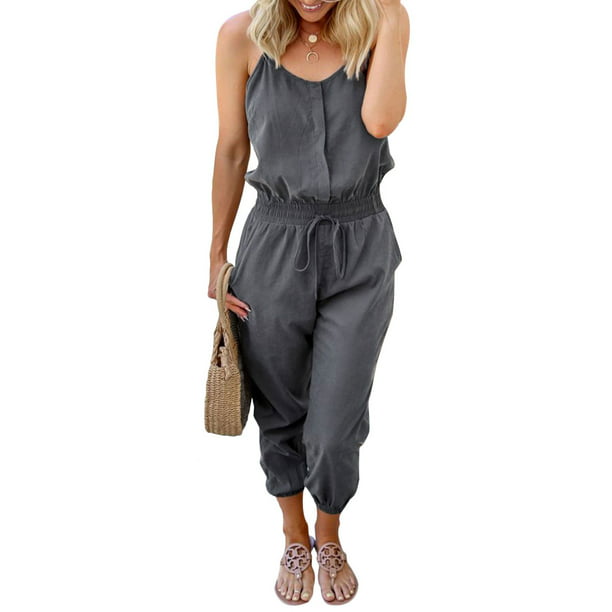 Summer Women Casual Playsuit Grey Sleeveless Sport Look Romper trouser Jumpsuit